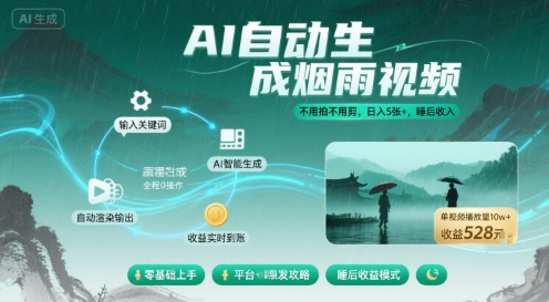 AI自动生成烟雨视频教程，实现盈利与睡后收入