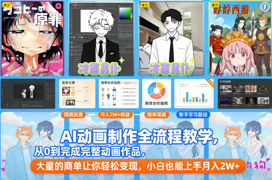 AI动画制作全流程教学从零到完整作品商单盈利技巧小白月入2W+