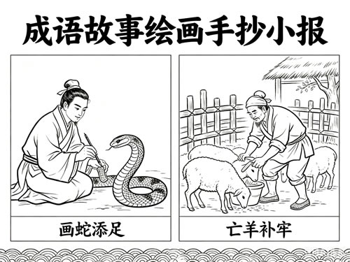 成语故事绘画手抄小报黑白线稿 成语故事绘画手抄小报黑白线稿